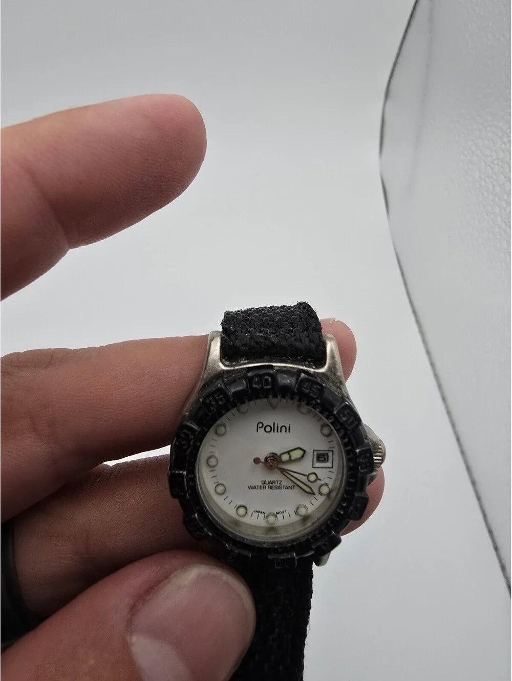 Polini Quartz Analog Watch Water-Resistant Date White Dial Black Fabric Strap